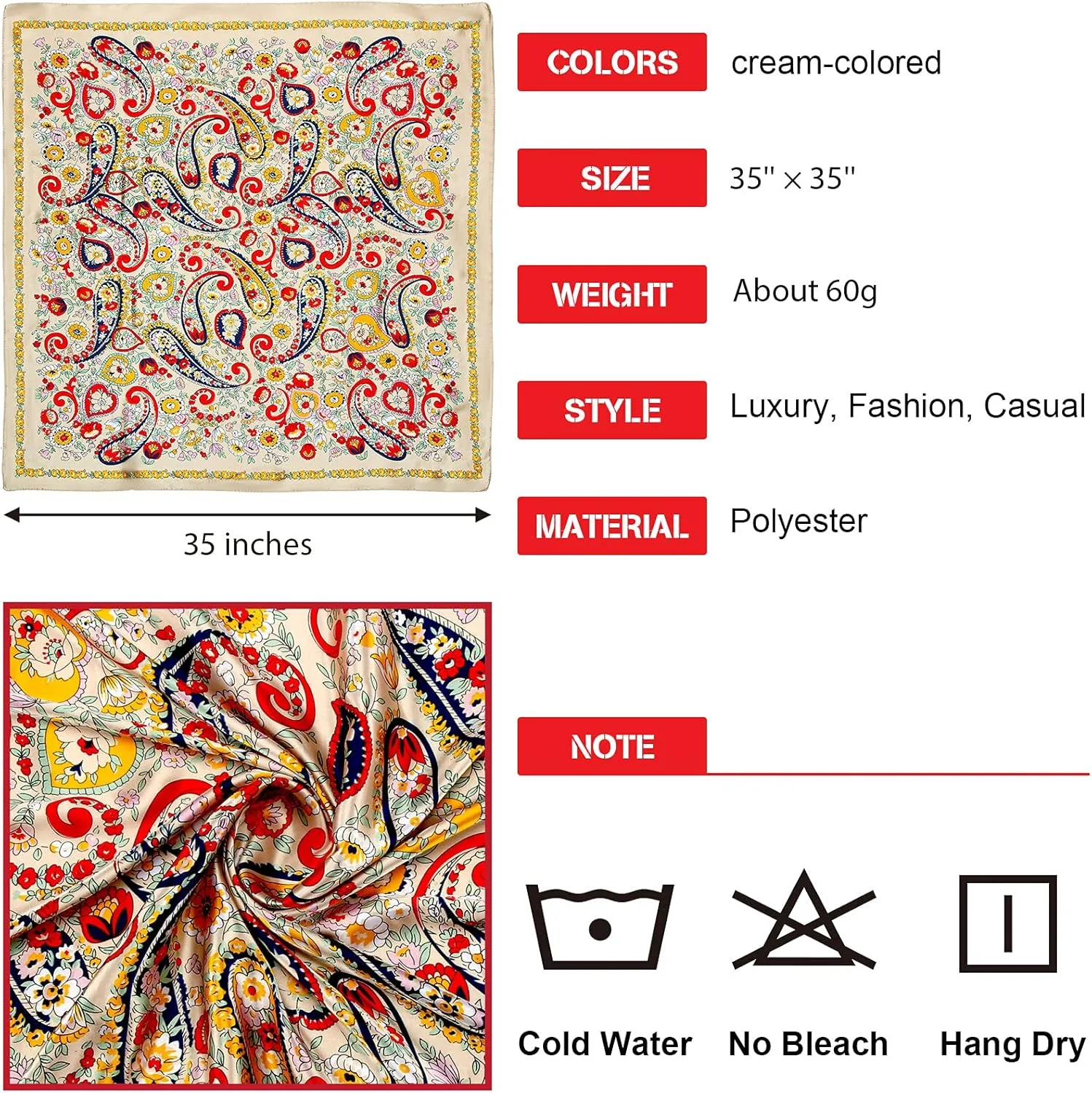 Honoson 4 Pcs 35 Inch Silk Scarf for Women Hair Satin Scarf Square Silk Bandanas Large Head Scarves for Sleeping
