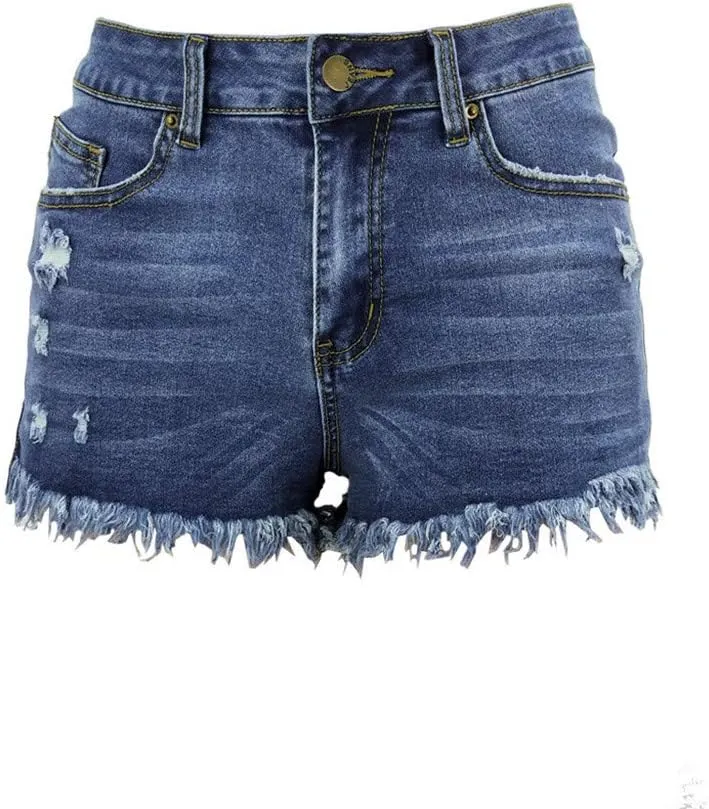 iLH Women's Sexy Summer Mid Waist Ripped Jean, Women's High Waisted Rolled Hem Distressed Jeans Ripped Denim Shorts