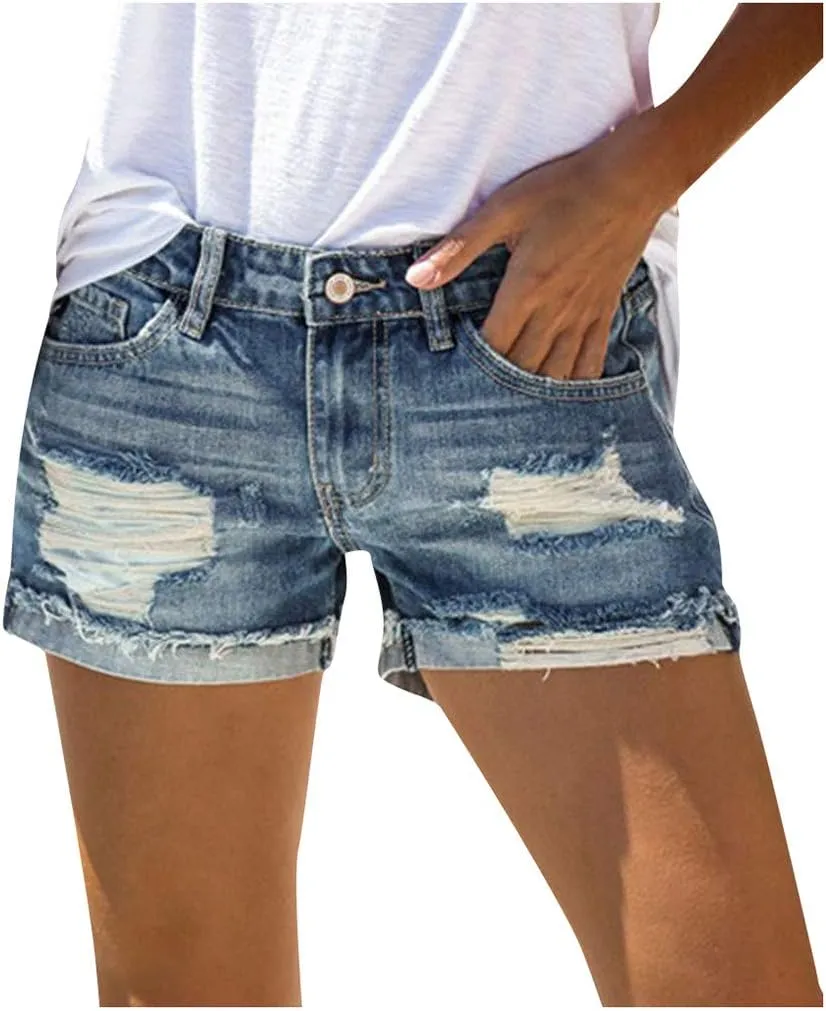 iLH Women's Sexy Summer Mid Waist Ripped Jean, Women's High Waisted Rolled Hem Distressed Jeans Ripped Denim Shorts