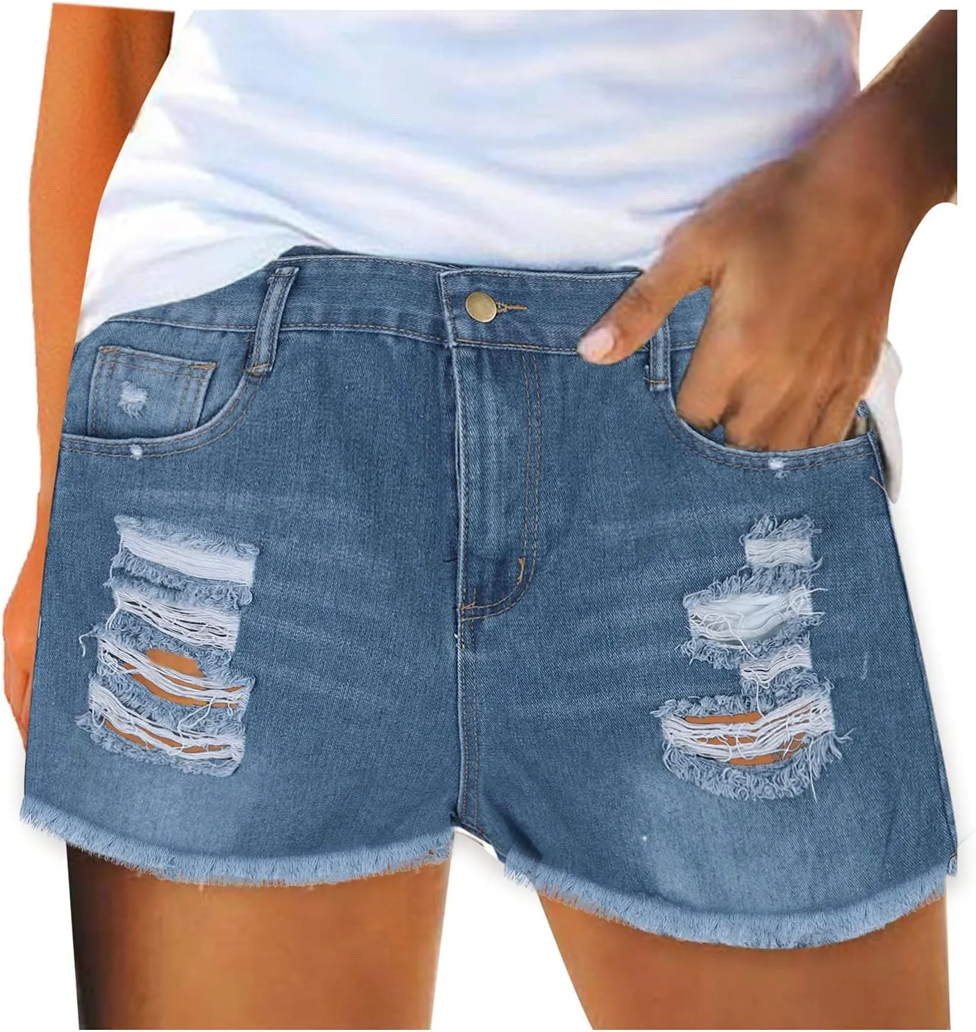iLH Women's Sexy Summer Mid Waist Ripped Jean, Women's High Waisted Rolled Hem Distressed Jeans Ripped Denim Shorts