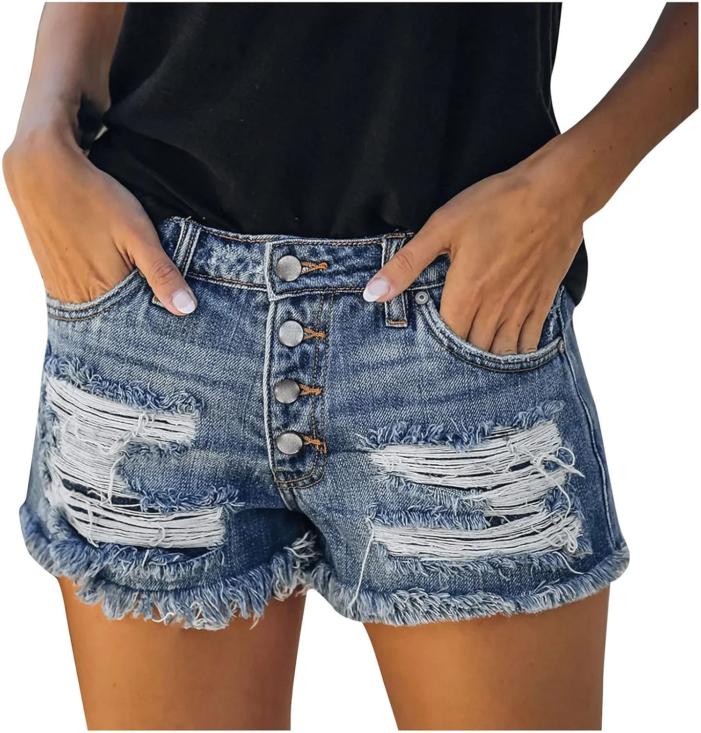 iLH Women's Sexy Summer Mid Waist Ripped Jean, Women's High Waisted Rolled Hem Distressed Jeans Ripped Denim Shorts