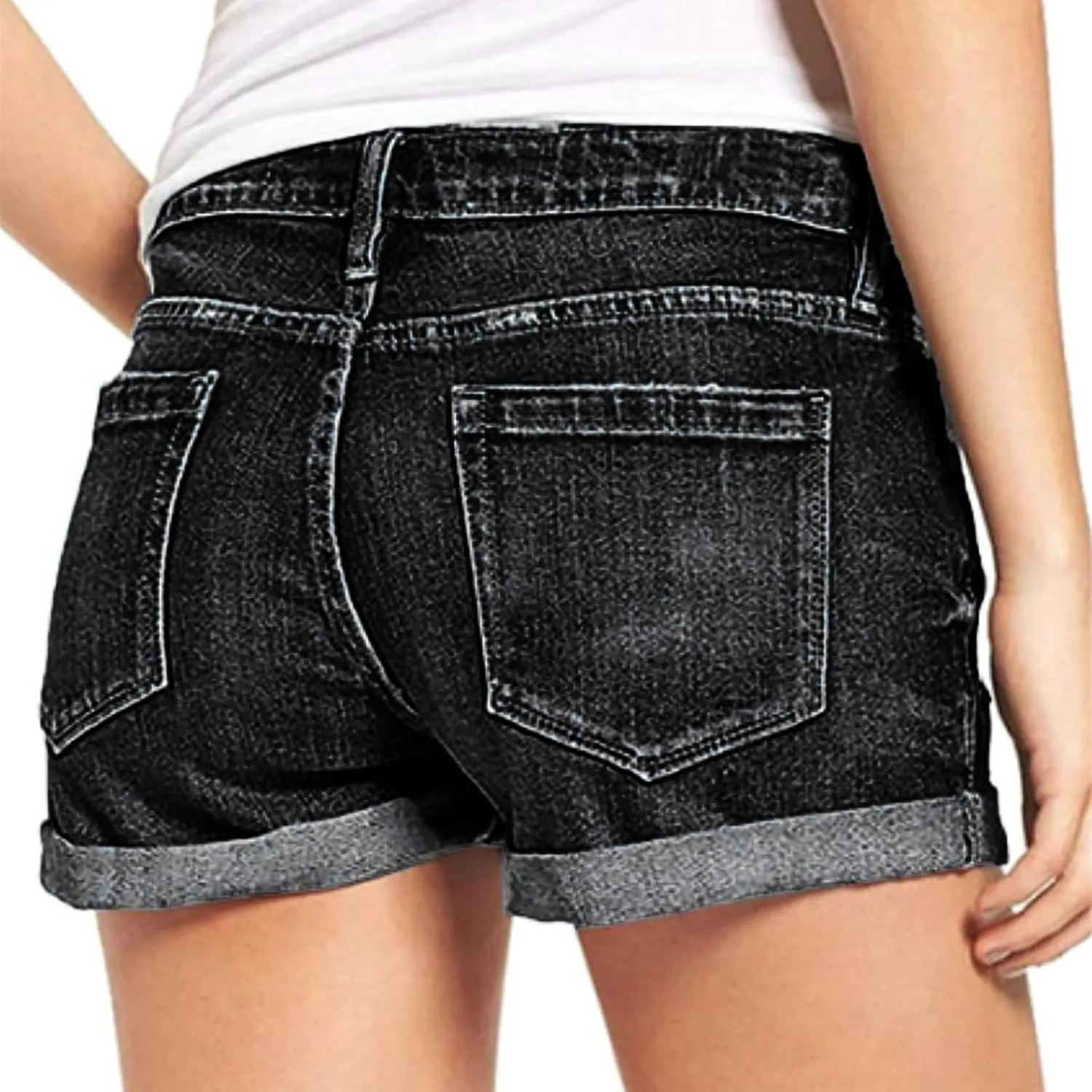iLH Women's Sexy Summer Mid Waist Ripped Jean, Women's High Waisted Rolled Hem Distressed Jeans Ripped Denim Shorts