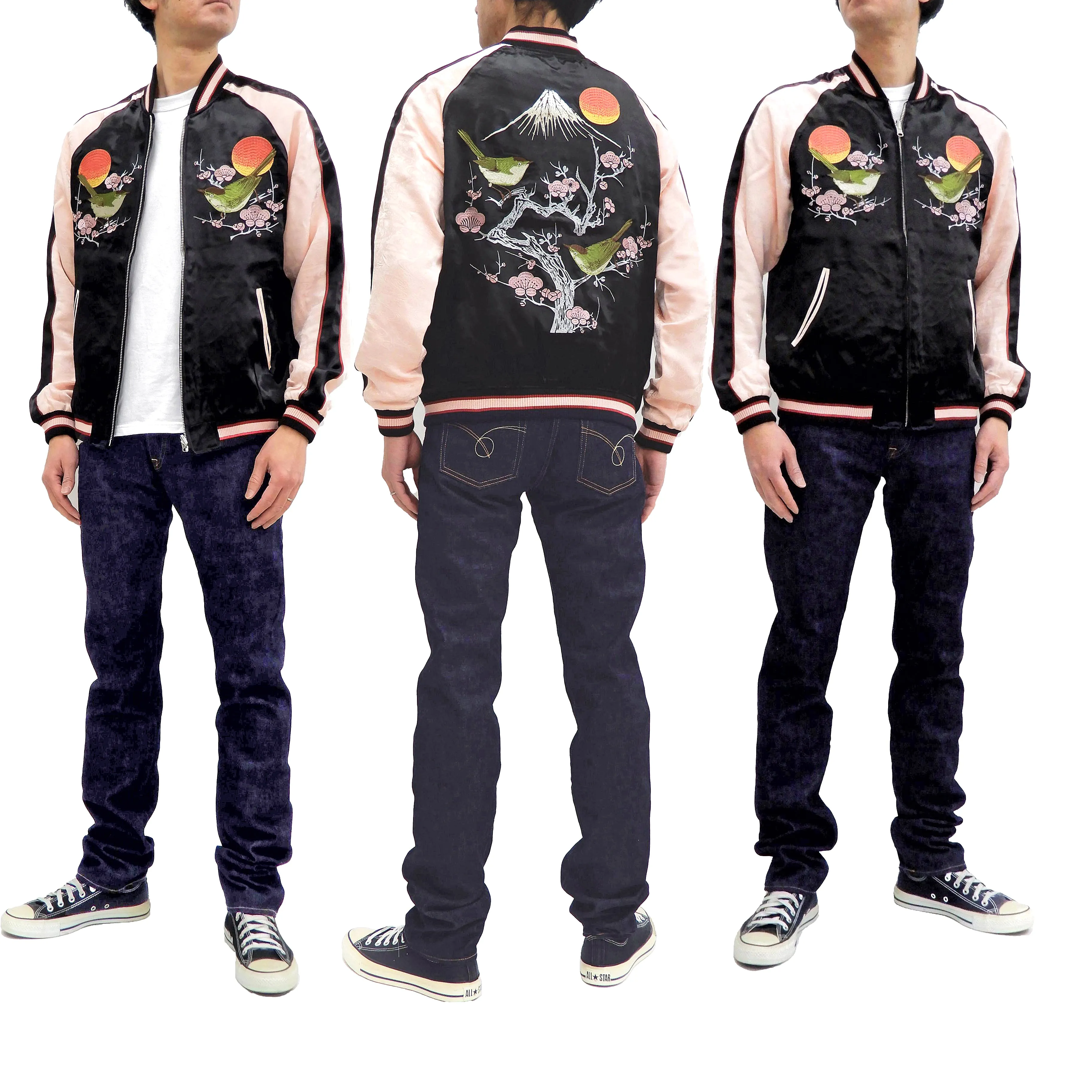 Japanesque Sukajan Men's Japanese Souvenir Jacket Japanese Bush Warbler 3RSJ-751 Black/Pink
