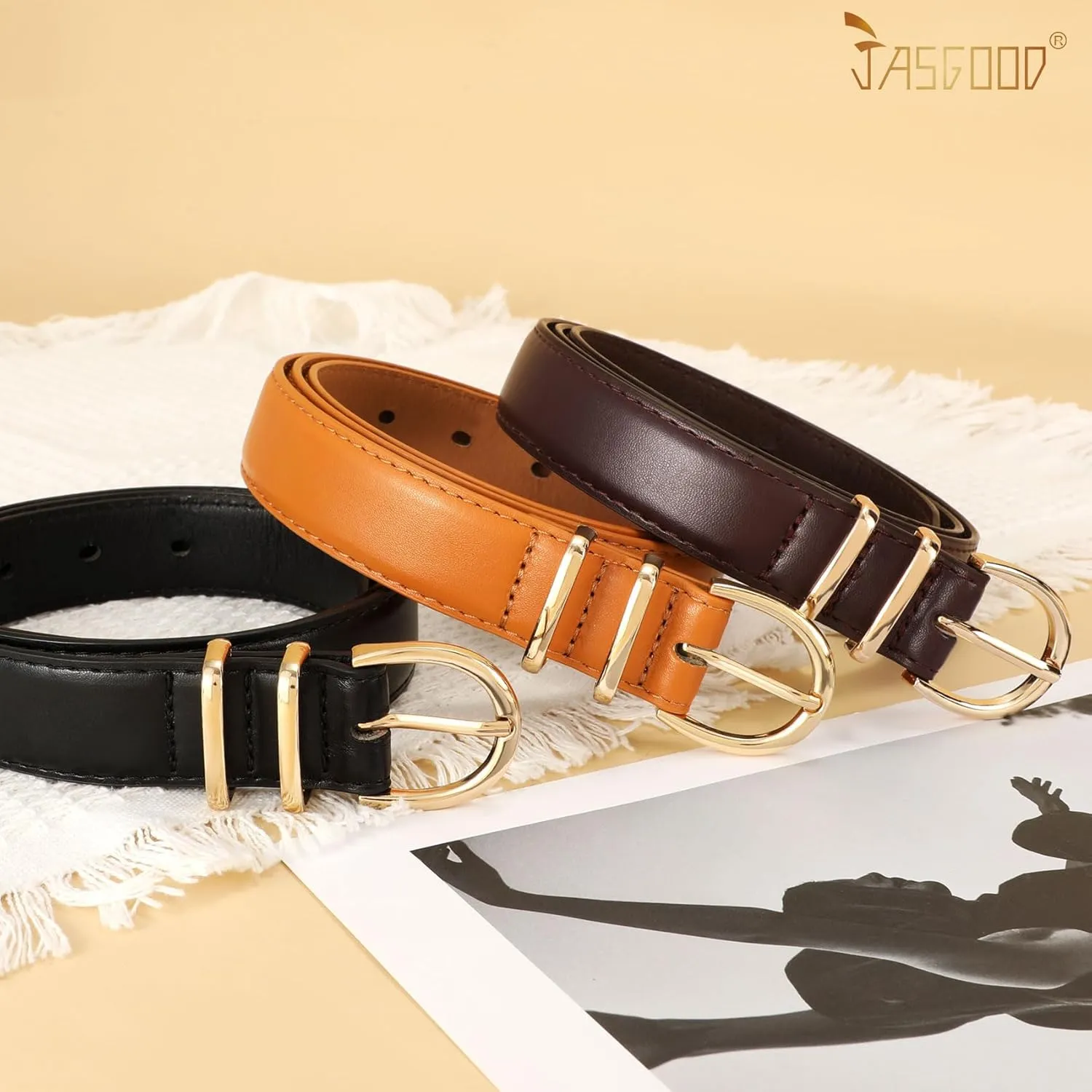 JASGOOD 3 Pack Women Leather Belt for Jeans Pants Gold Buckle Ladies Leather Belt