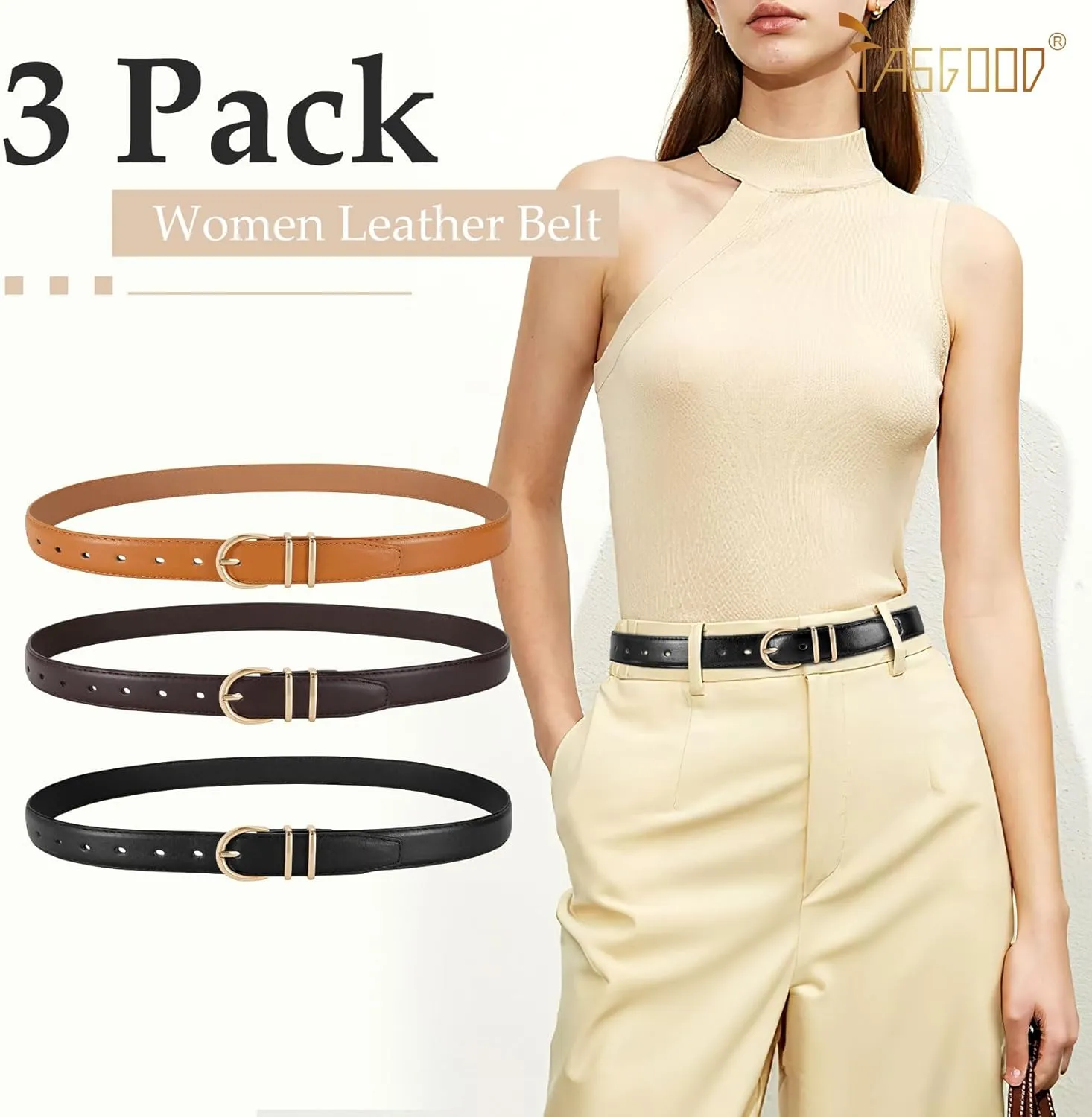 JASGOOD 3 Pack Women Leather Belt for Jeans Pants Gold Buckle Ladies Leather Belt
