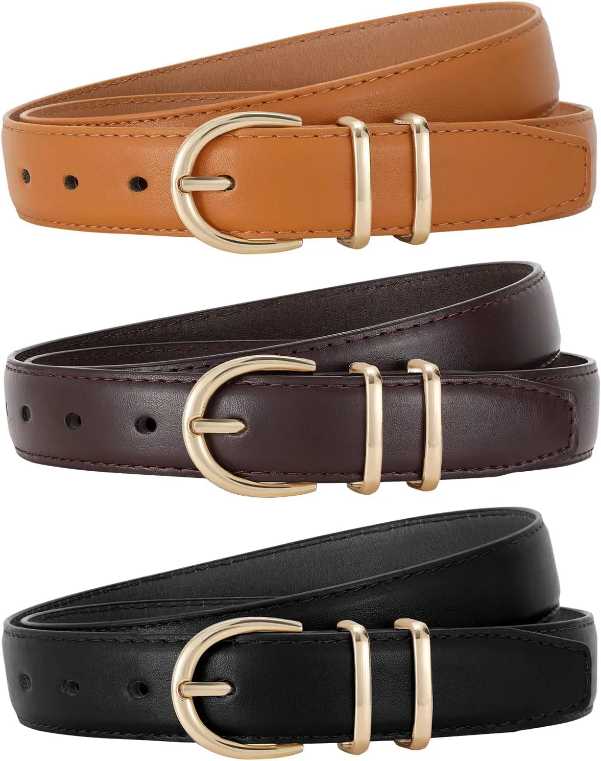 JASGOOD 3 Pack Women Leather Belt for Jeans Pants Gold Buckle Ladies Leather Belt