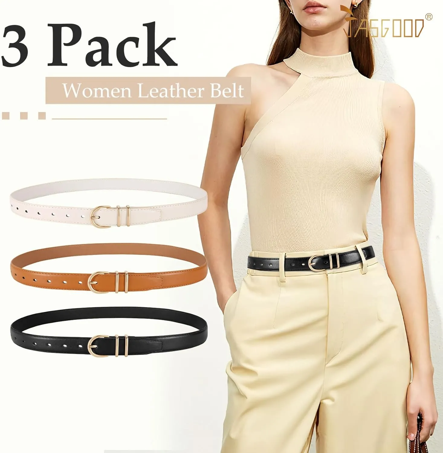 JASGOOD 3 Pack Women Leather Belt for Jeans Pants Gold Buckle Ladies Leather Belt