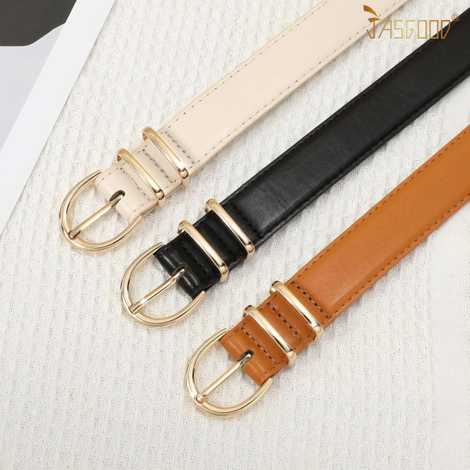 JASGOOD 3 Pack Women Leather Belt for Jeans Pants Gold Buckle Ladies Leather Belt
