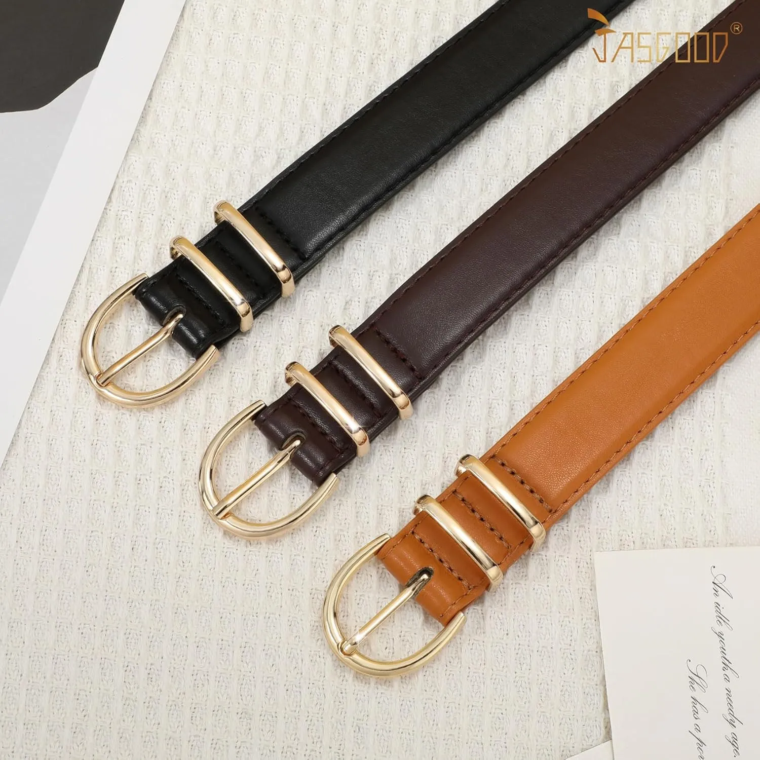 JASGOOD 3 Pack Women Leather Belt for Jeans Pants Gold Buckle Ladies Leather Belt