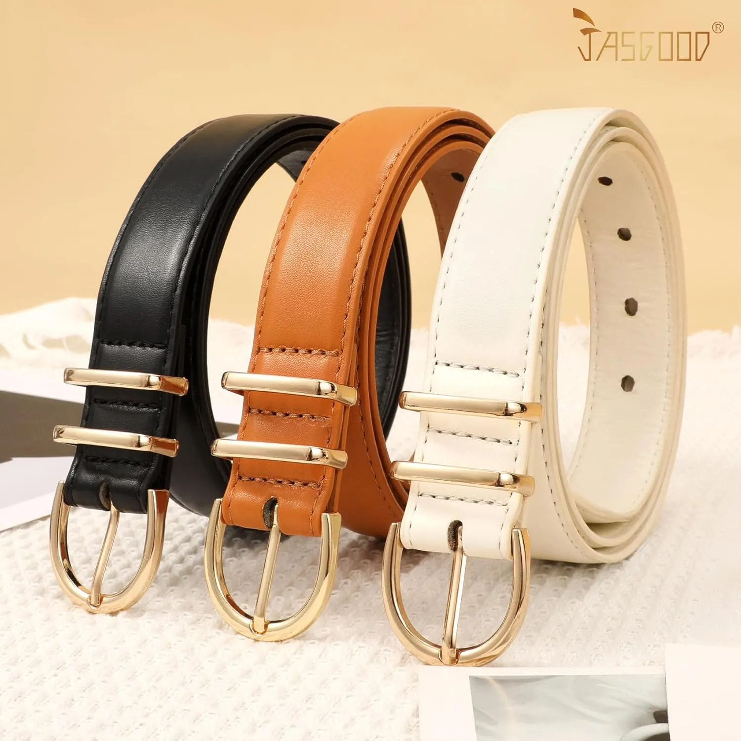 JASGOOD 3 Pack Women Leather Belt for Jeans Pants Gold Buckle Ladies Leather Belt