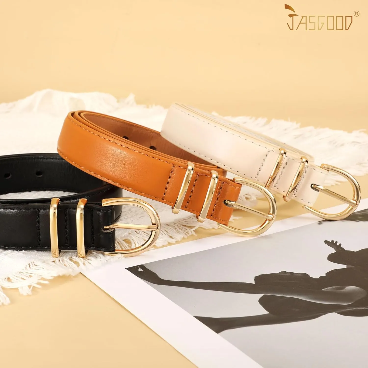 JASGOOD 3 Pack Women Leather Belt for Jeans Pants Gold Buckle Ladies Leather Belt