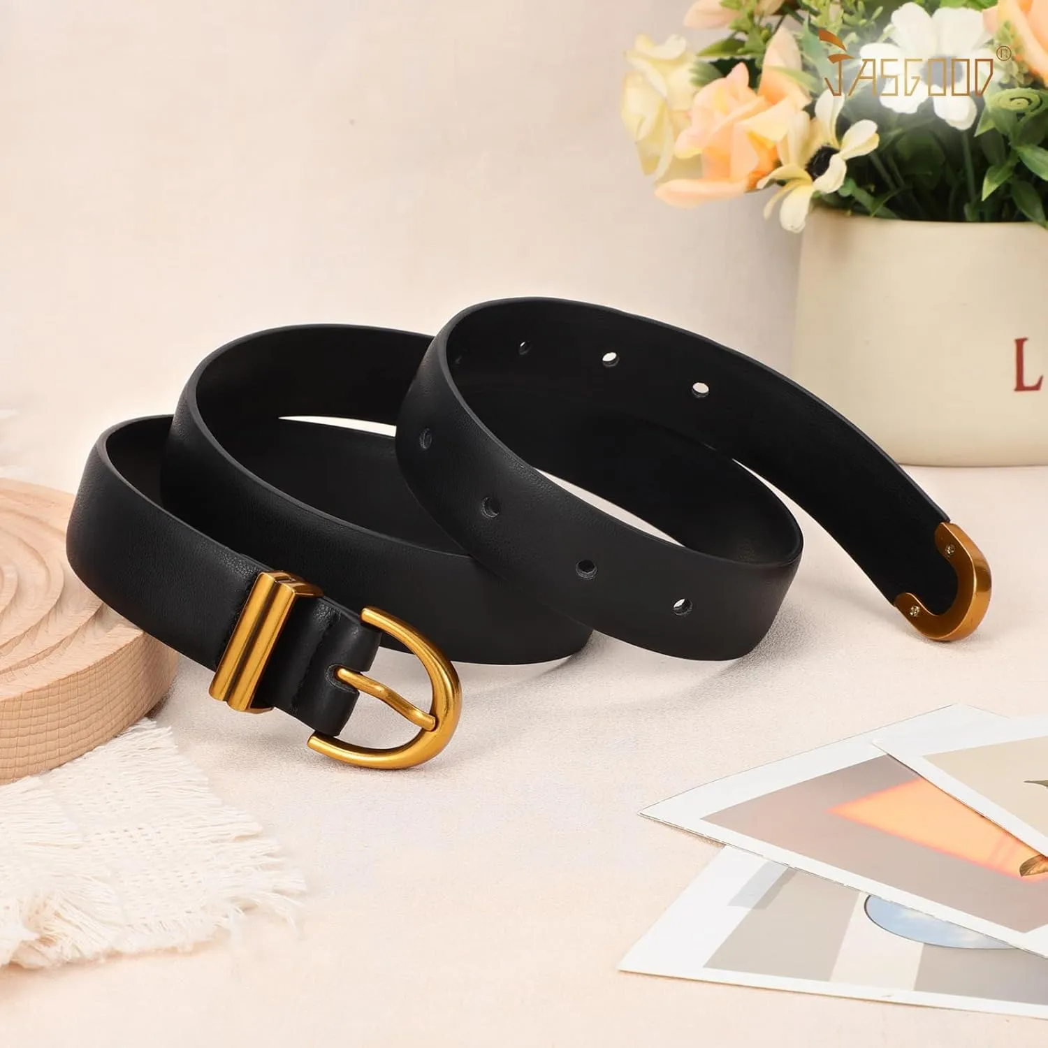 JASGOOD Women Leather Belt for Jeans Pants Fashion Gold Buckle Ladies Waist Belt