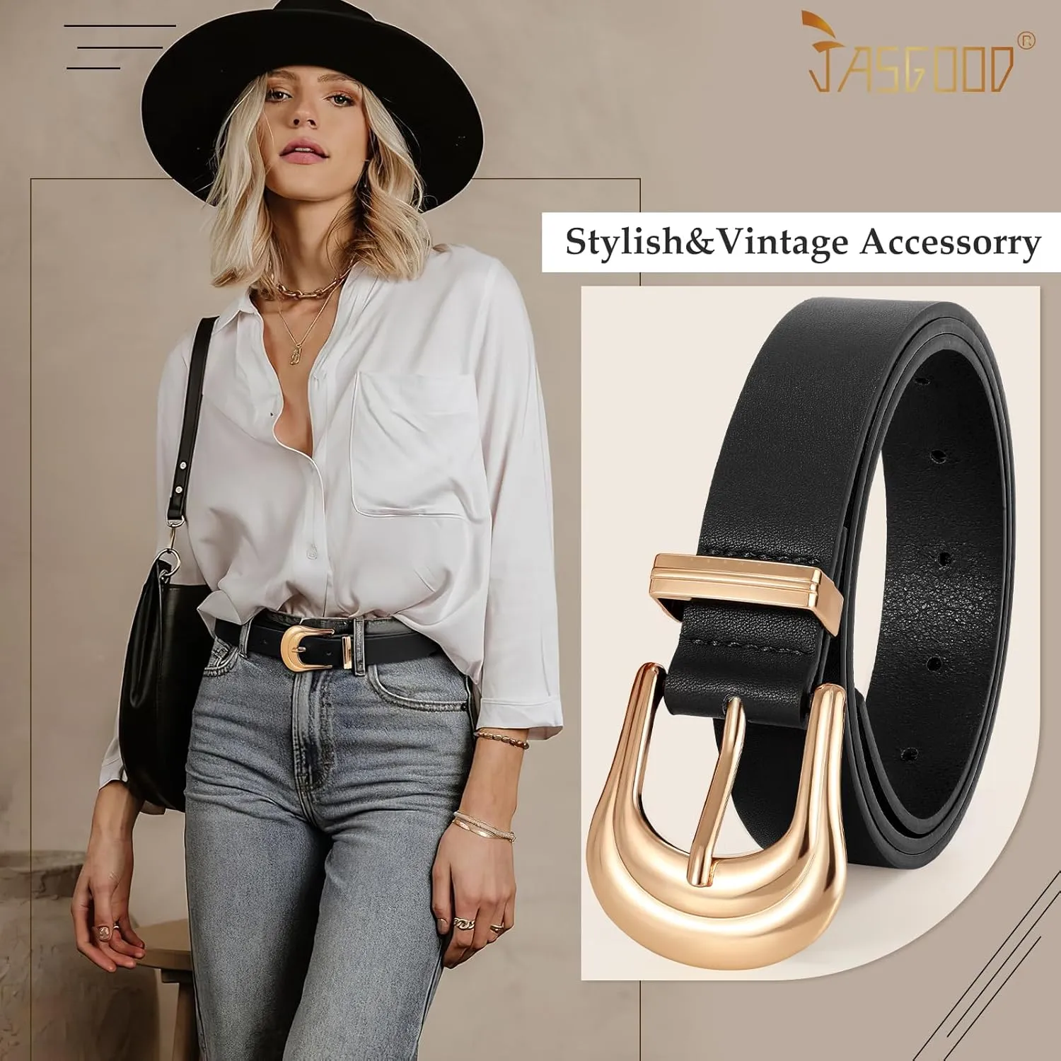JASGOOD Women's Western Belt Vintage Black Leather Waist Belt for Pants Jeans with Gold Buckle