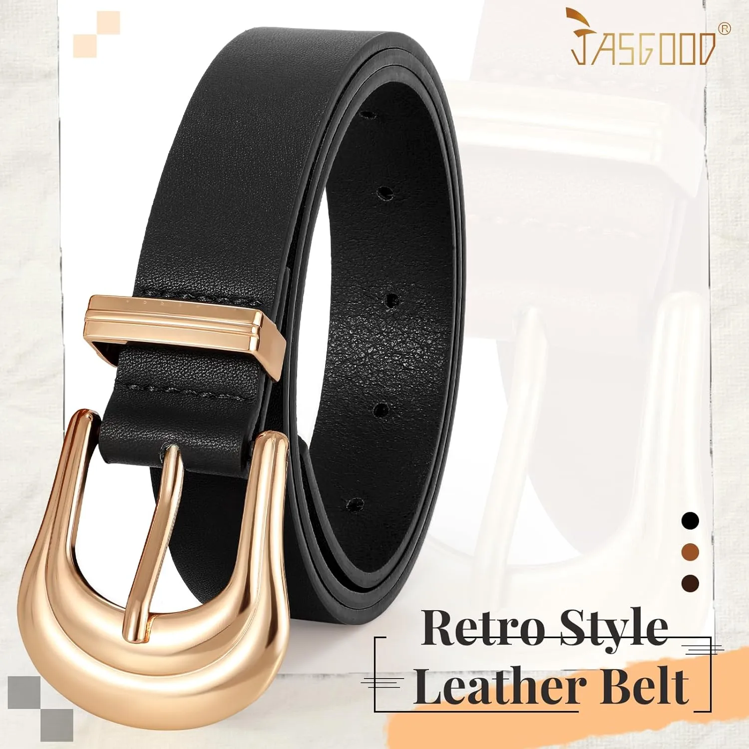 JASGOOD Women's Western Belt Vintage Black Leather Waist Belt for Pants Jeans with Gold Buckle