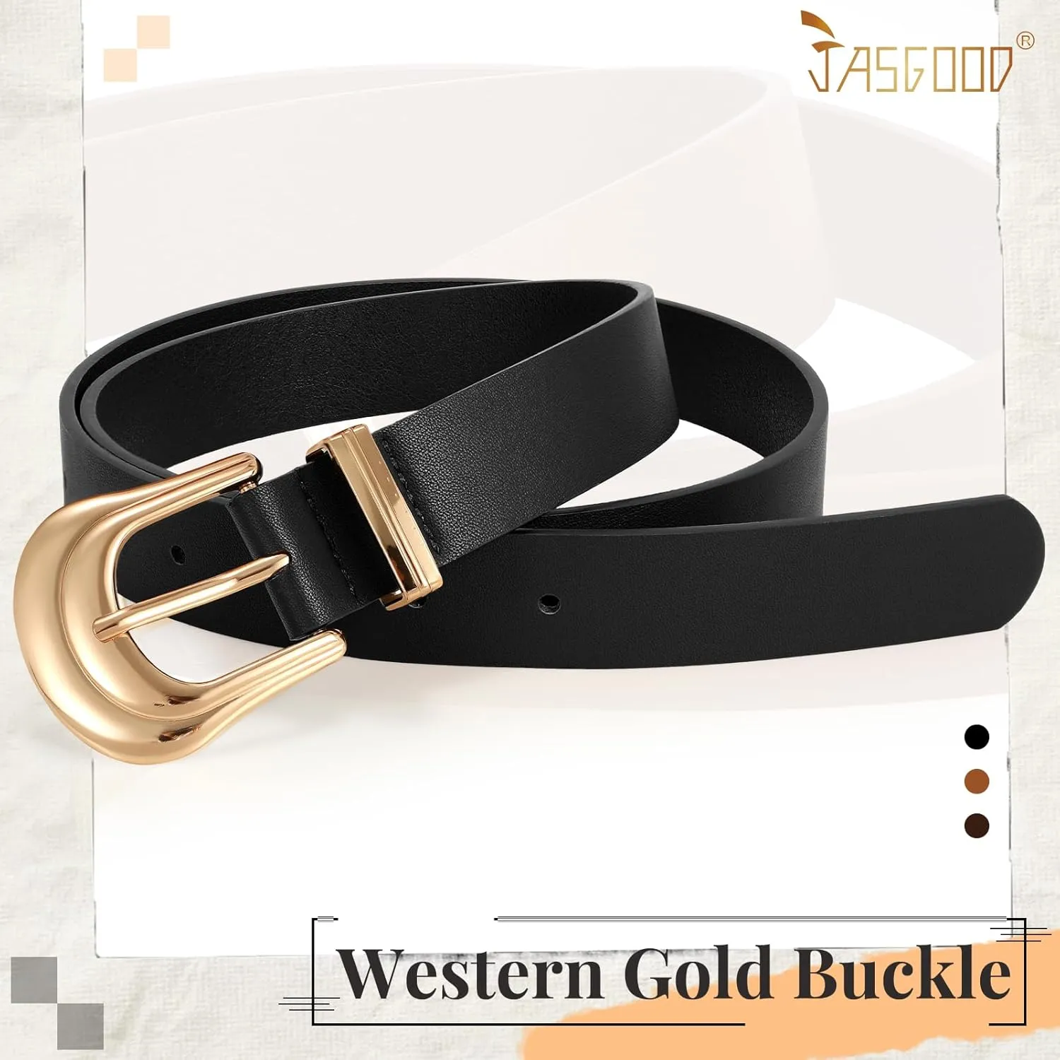 JASGOOD Women's Western Belt Vintage Black Leather Waist Belt for Pants Jeans with Gold Buckle