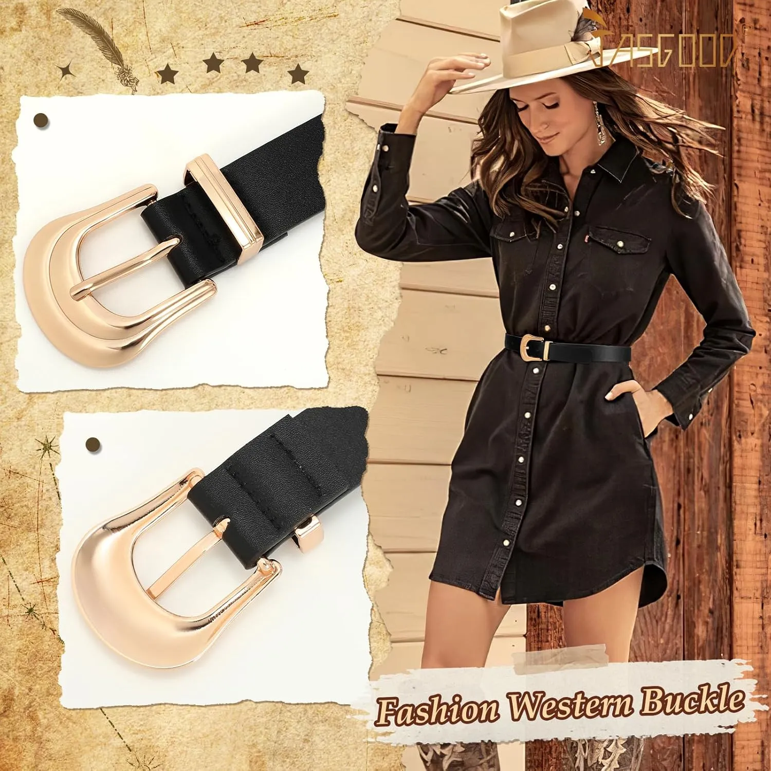 JASGOOD Women's Western Belt Vintage Black Leather Waist Belt for Pants Jeans with Gold Buckle