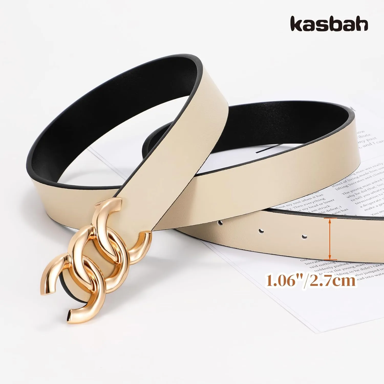 KASBAH Womens Reversible Leather Belt With Gold Buckle Two-in-One Ladies Waist Work Belt for Jeans Pants Dresses