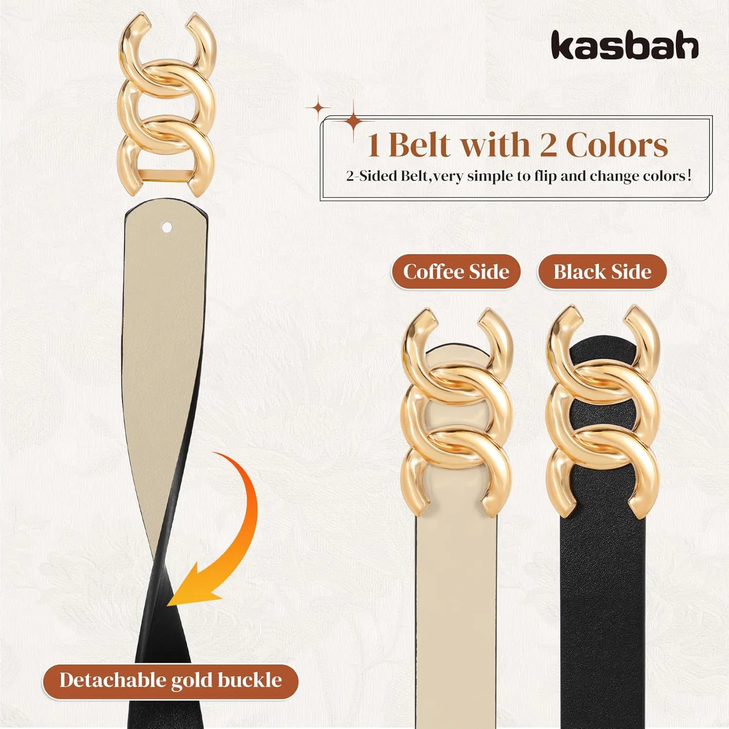 KASBAH Womens Reversible Leather Belt With Gold Buckle Two-in-One Ladies Waist Work Belt for Jeans Pants Dresses