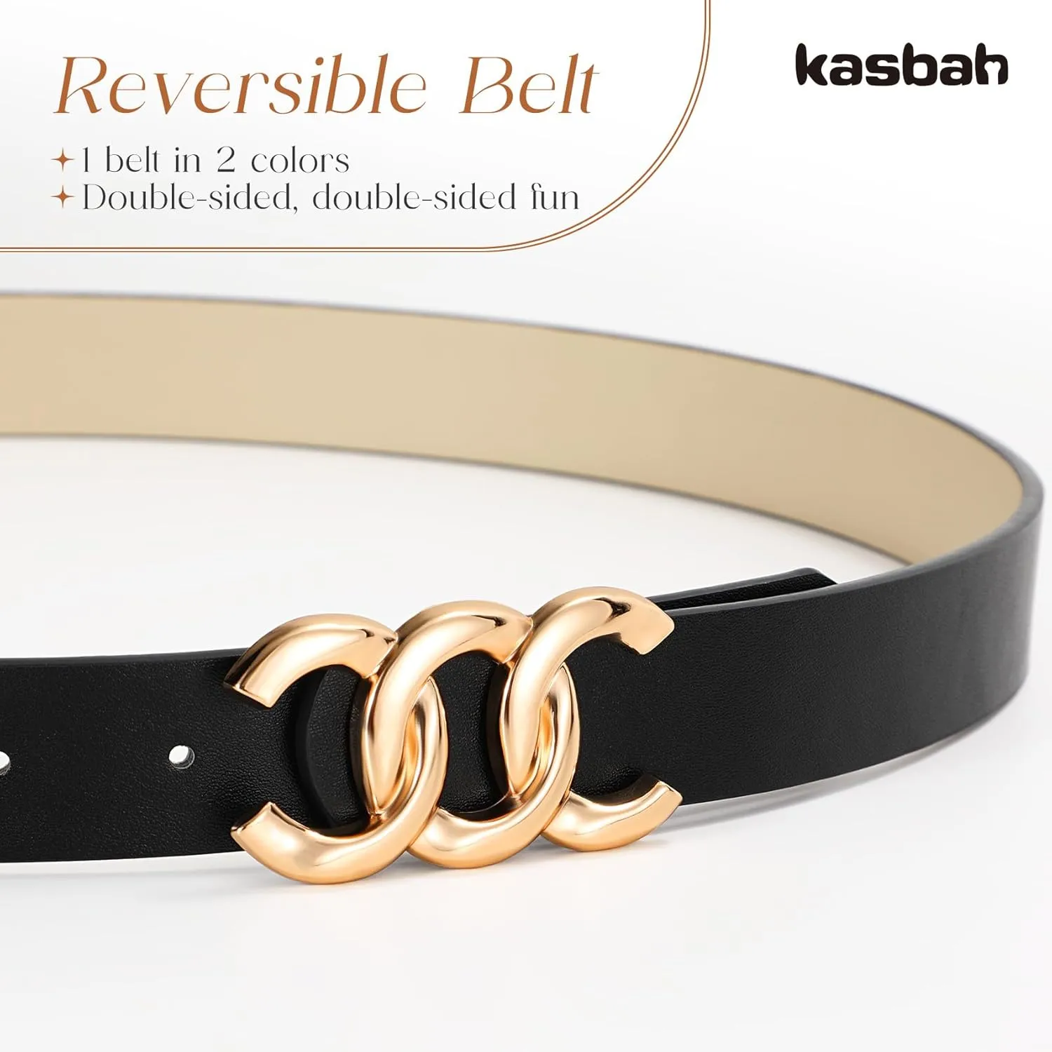 KASBAH Womens Reversible Leather Belt With Gold Buckle Two-in-One Ladies Waist Work Belt for Jeans Pants Dresses