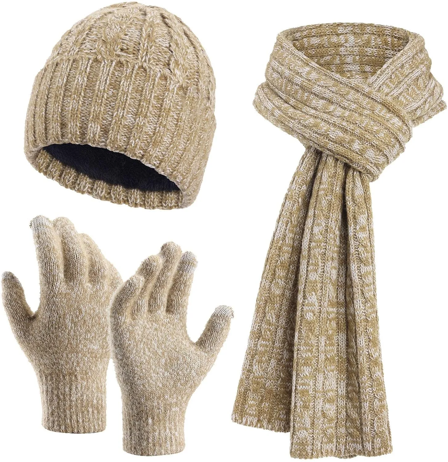 Ladies Soft Mittens Running Womens Mens Winter Warm Hats Long Neck Scarf Touchscreen Gloves Set With Fleece Knit