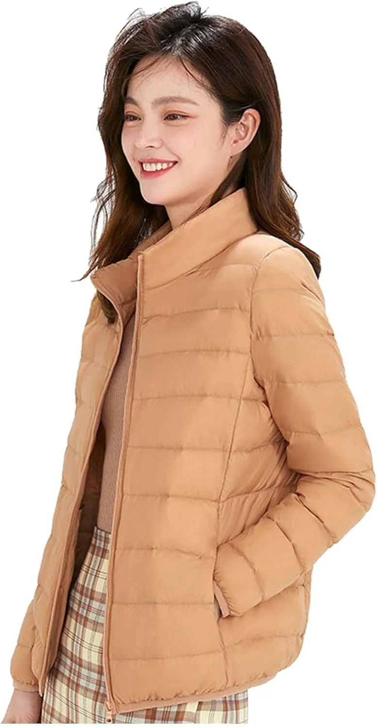 Light Jackets for Women Winter Warm Hoodless Puffer Jacket Fashion Packable Long Sleeve Zipper Down Coat with Pocket