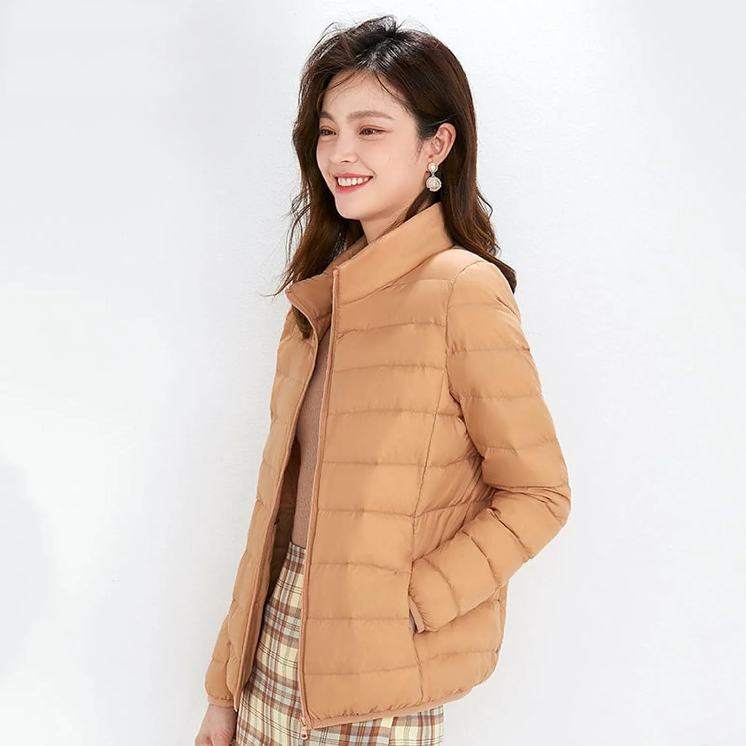 Light Jackets for Women Winter Warm Hoodless Puffer Jacket Fashion Packable Long Sleeve Zipper Down Coat with Pocket