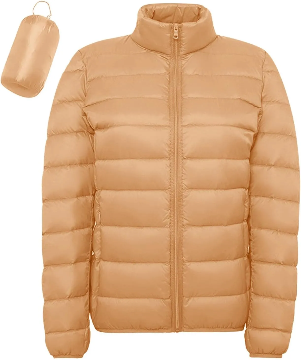 Light Jackets for Women Winter Warm Hoodless Puffer Jacket Fashion Packable Long Sleeve Zipper Down Coat with Pocket