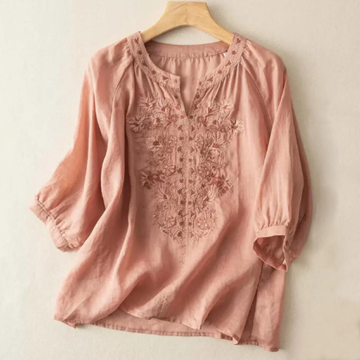 Linen Shirt Women Summer Flowy Elbow Sleeve Shirts Cute Vintage Embroidered Top Button Short Henley Tee Dressy Blouse