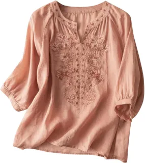 Linen Shirt Women Summer Flowy Elbow Sleeve Shirts Cute Vintage Embroidered Top Button Short Henley Tee Dressy Blouse
