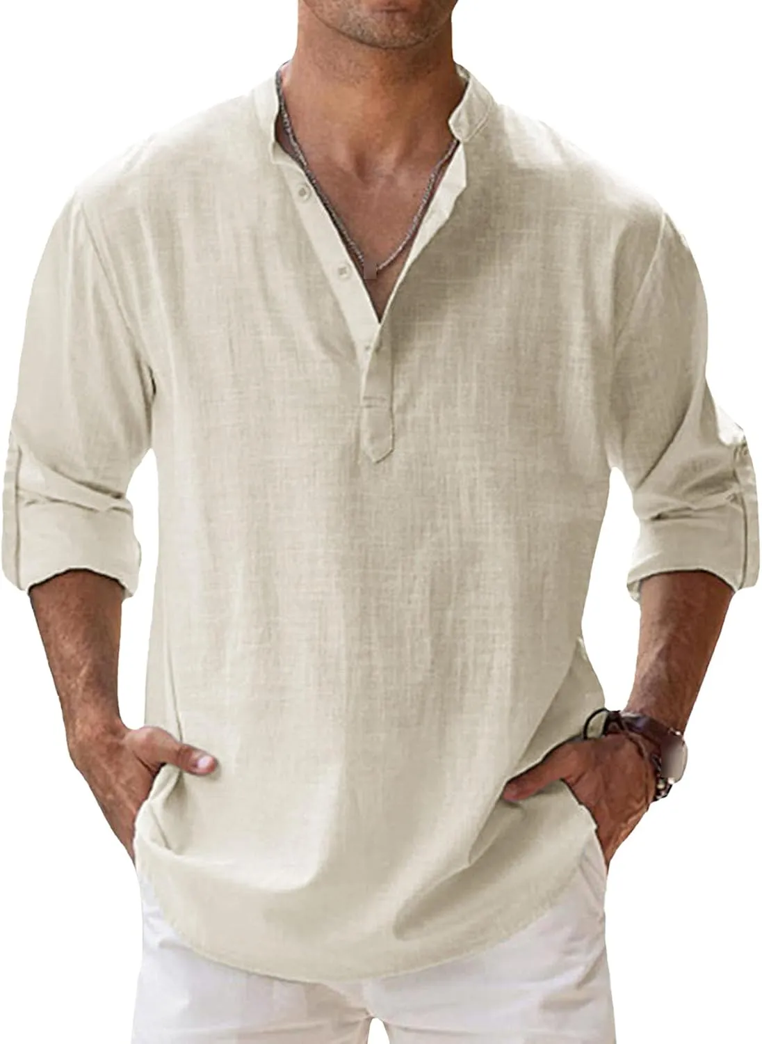 Maiyifu-GJ Men's Linen Stand Collar Long Sleeve Shirt Cotton Hippie Beach Breathable T Shirt Casual Lightweight Loose Shirt