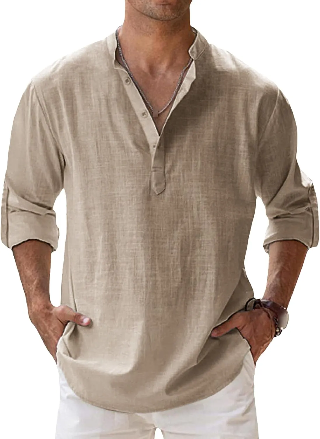 Maiyifu-GJ Men's Linen Stand Collar Long Sleeve Shirt Cotton Hippie Beach Breathable T Shirt Casual Lightweight Loose Shirt