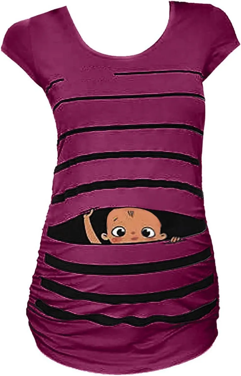 Maternity Cute Funny Baby Print Striped Short Sleeve T-Shirt Pregnant Tops,Cute Funny Maternity Tshirts