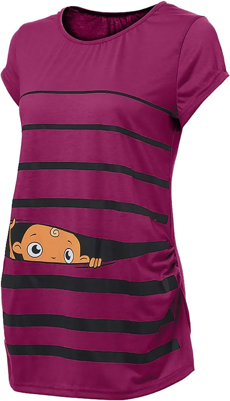 Maternity Cute Funny Baby Print Striped Short Sleeve T-Shirt Pregnant Tops,Cute Funny Maternity Tshirts