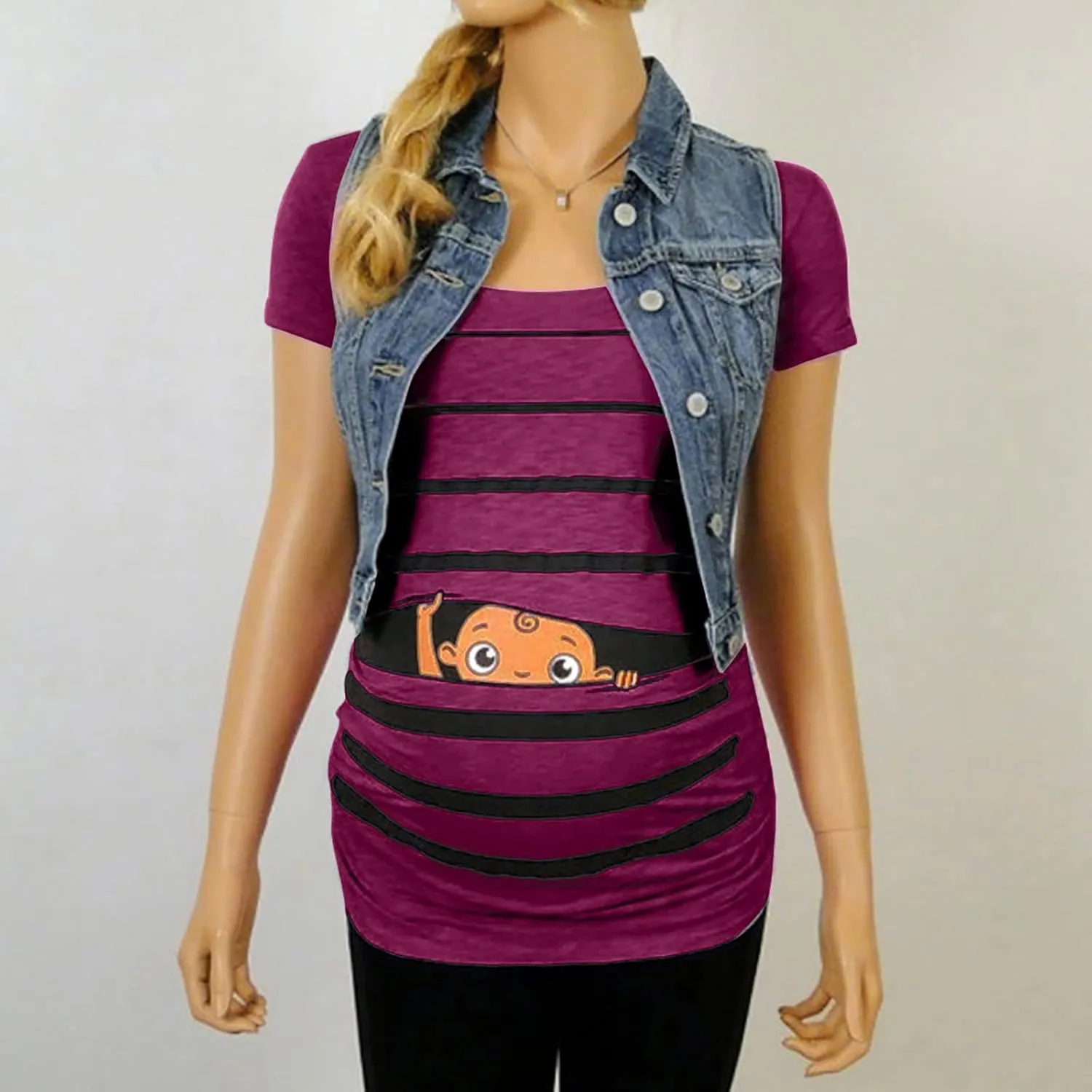 Maternity Cute Funny Baby Print Striped Short Sleeve T-Shirt Pregnant Tops,Cute Funny Maternity Tshirts