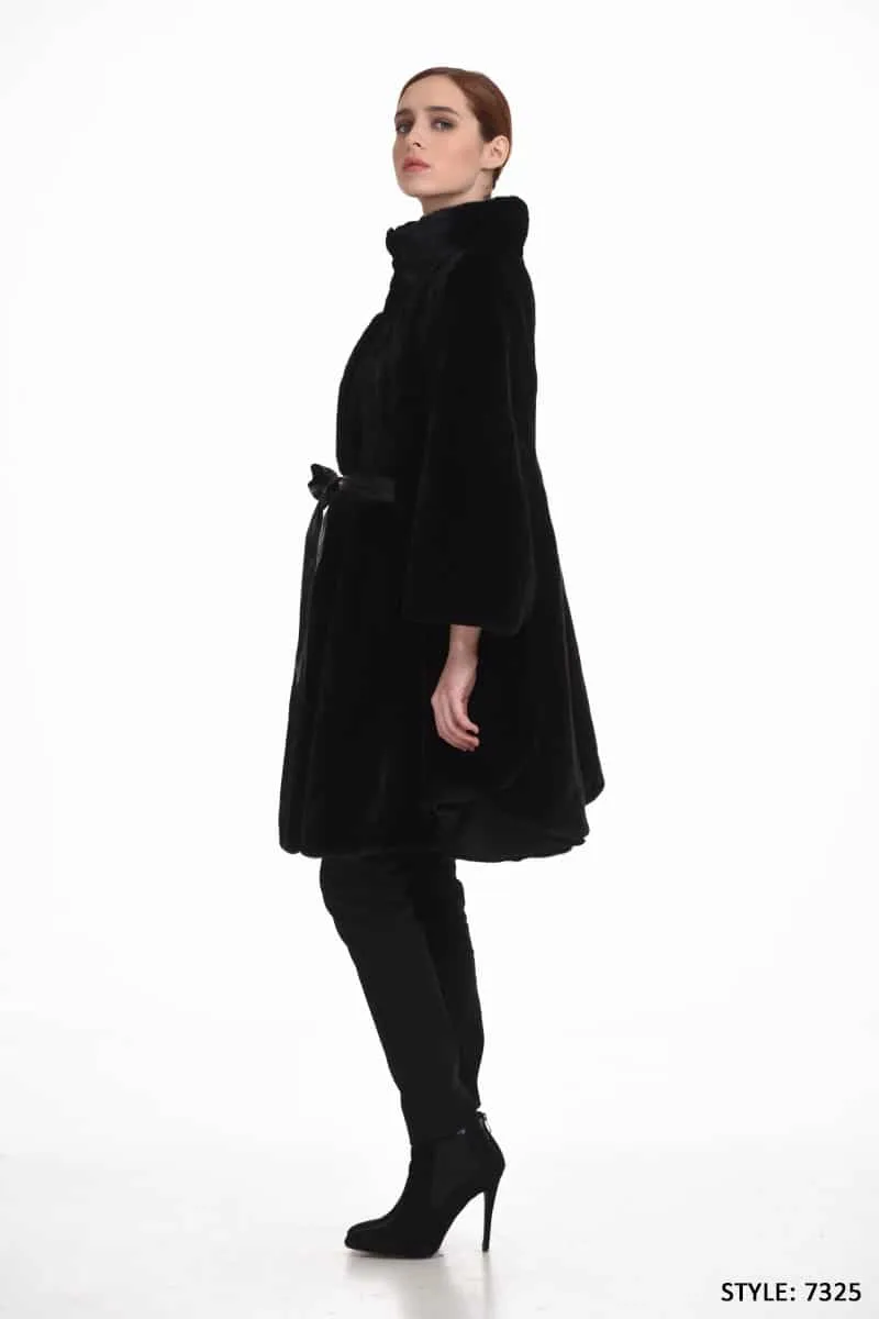 Maxi mink cape jacket with leather belt