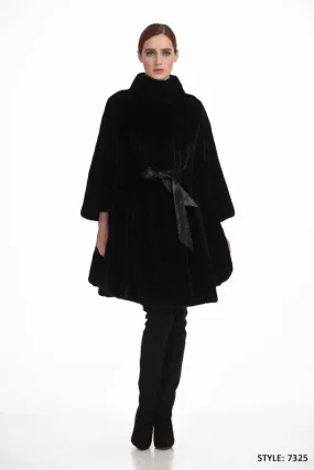 Maxi mink cape jacket with leather belt