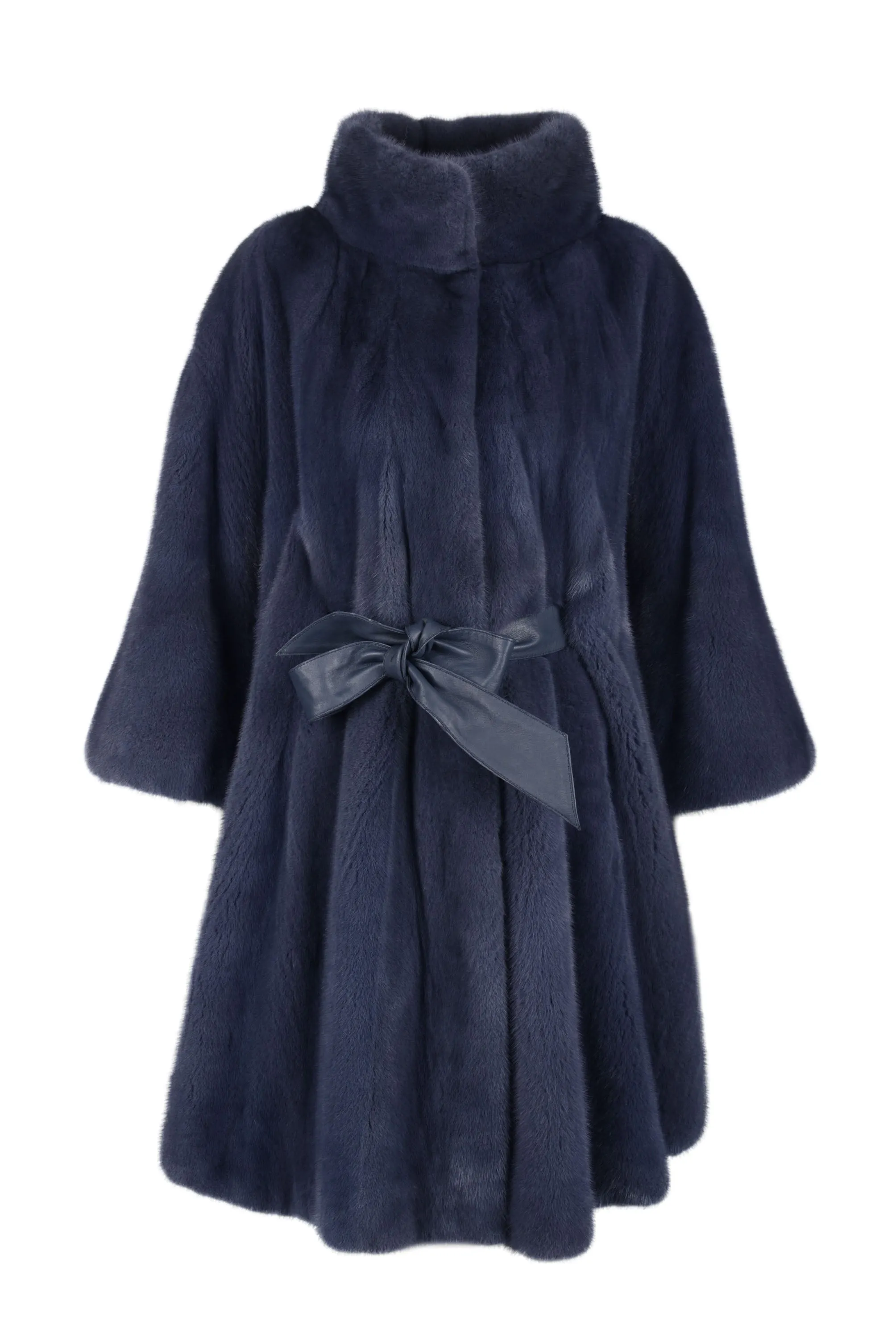 Maxi mink cape jacket with leather belt