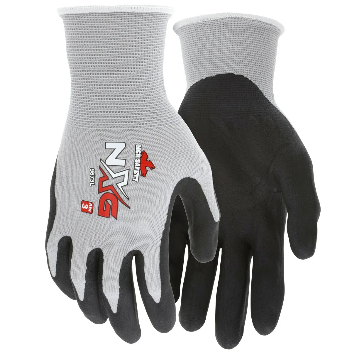 MCR Safety NXG Work Gloves, 13 Gauge Gray Nylon, Black Nitrile Foam Coated Palm