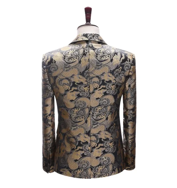 Men's Casual Chinese Dragon Patterned Peak Lapel Blazer