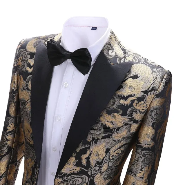 Men's Casual Chinese Dragon Patterned Peak Lapel Blazer