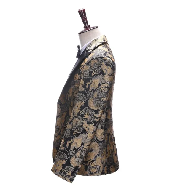 Men's Casual Chinese Dragon Patterned Peak Lapel Blazer