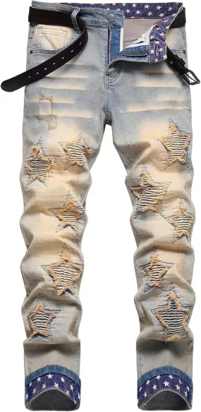Men's Casual Denim Pants Slim Fit Stretch Comfy Print Straight Leg Jeans Classic Western Denim Trousers with Pockets