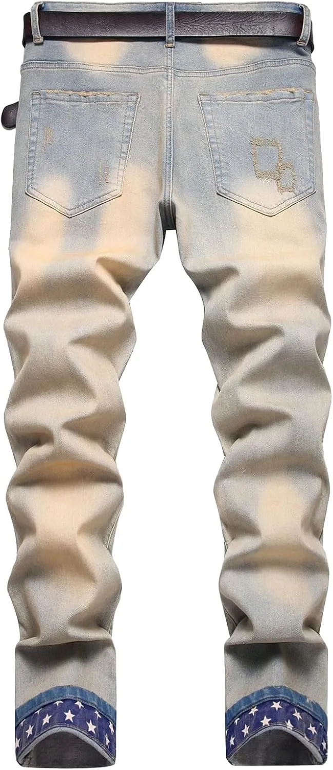 Men's Casual Denim Pants Slim Fit Stretch Comfy Print Straight Leg Jeans Classic Western Denim Trousers with Pockets