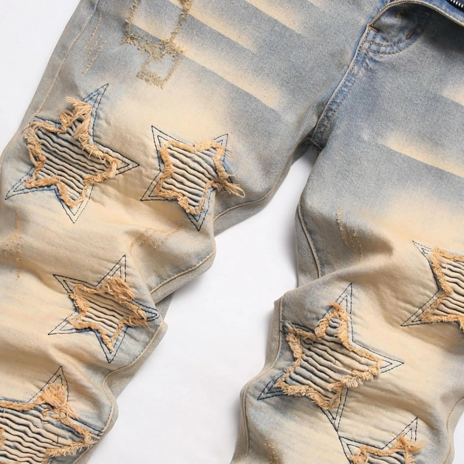 Men's Casual Denim Pants Slim Fit Stretch Comfy Print Straight Leg Jeans Classic Western Denim Trousers with Pockets