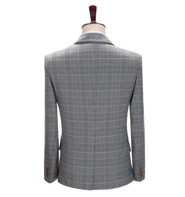 Men's Formal Grey Plaid Notch Lapel Blazer Business Jacket