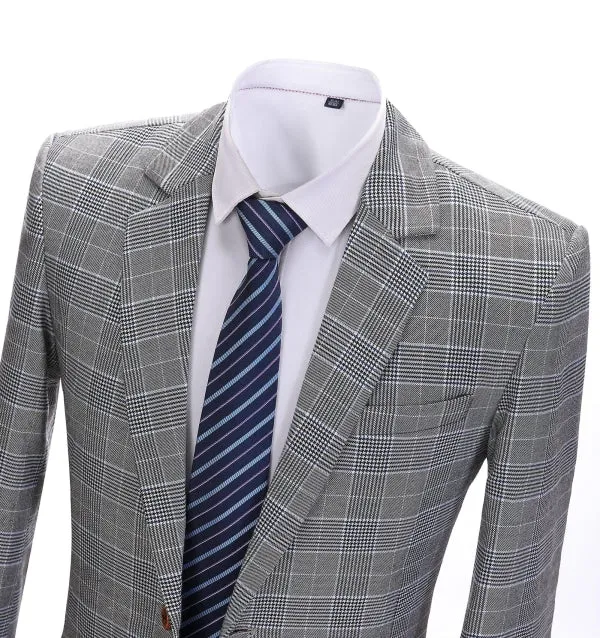Men's Formal Grey Plaid Notch Lapel Blazer Business Jacket