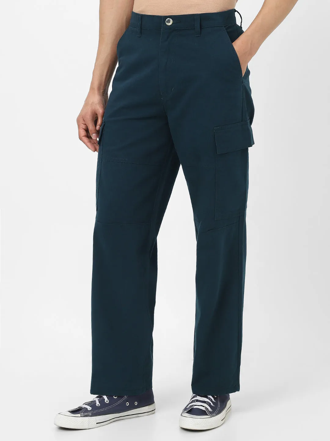 Men's Navy Loose Baggy Fit Solid Cargo Chino Pant with 6 Pockets Non-Stretchable