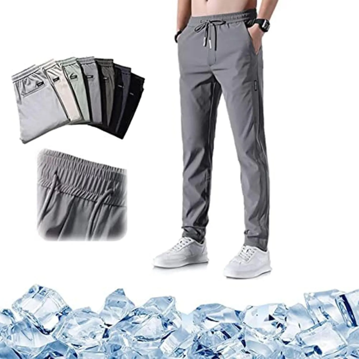 Men's Quick Drying Stretch Pants Cool Breathable High Waist Pants Drawstring Sports Pants with Pockets