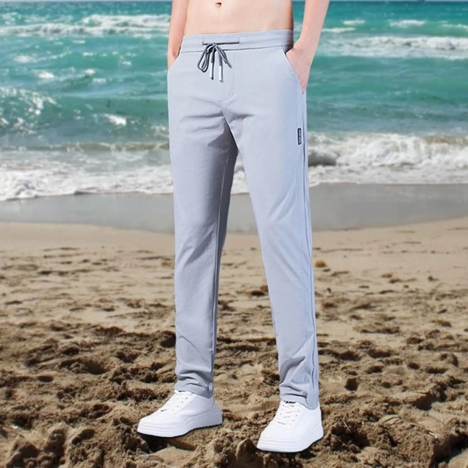Men's Quick Drying Stretch Pants Cool Breathable High Waist Pants Drawstring Sports Pants with Pockets