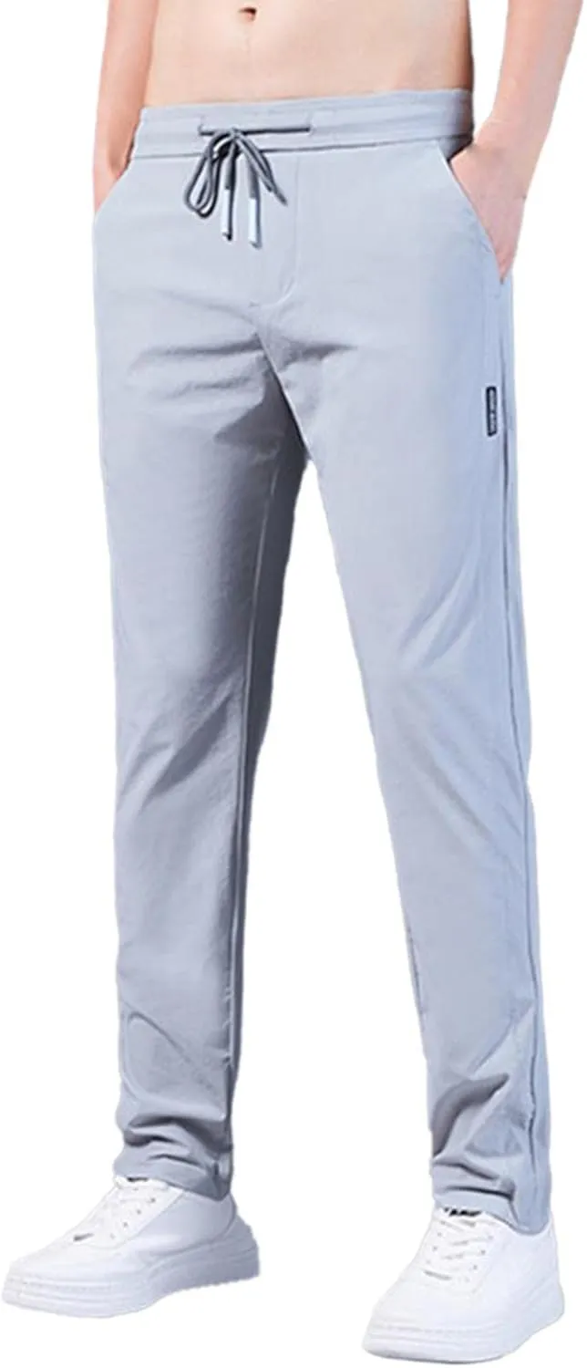 Men's Quick Drying Stretch Pants Cool Breathable High Waist Pants Drawstring Sports Pants with Pockets